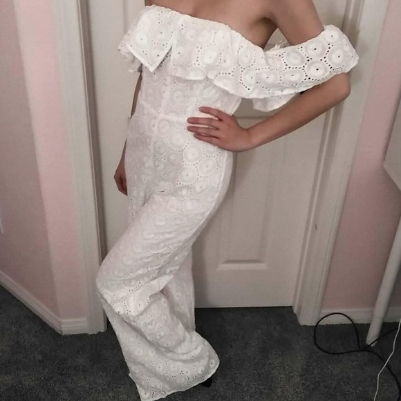 Line & Dot Pants - Lace Eyelet Off Shoulder Jumpsuit, NWT